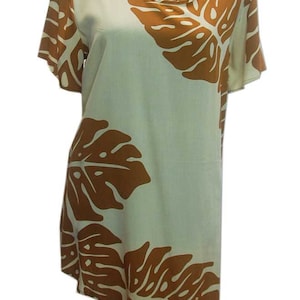 Ladies Hawaiian Tropical Montera Leaves Brown Cream  Vacation Short Sleeve Summer Simple Everyday Rayon Top