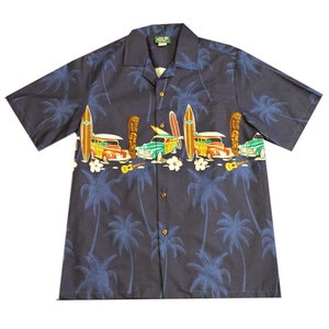 Men Cotton Palm Tree Surfboard Hibiscus Tiki Surfing Woody Car Aloha for Luau Party Christmas Gift Hawaiian navy Shirt-sizes-XL