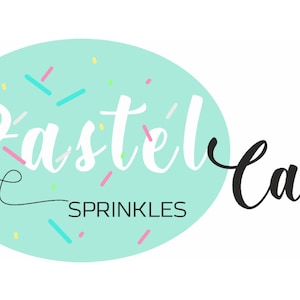 May include: Pastel Cakes logo featuring a light teal circle with white script text and colourful sprinkles. A black whisk is on the left. The word "Sprinkles" is below the main text.