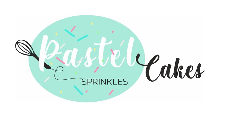 May include: Pastel Cakes logo featuring a light teal circle with white script text and colourful sprinkles. A black whisk is on the left. The word "Sprinkles" is below the main text.