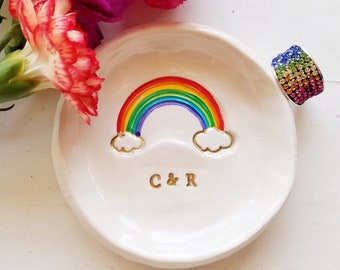 Rainbow Gay Pride Trinket Dish Wedding Friendship Ceramic With Gold Initials Couples Gift Jewelry Storage Gay Pride Home Decor Wedding Dish