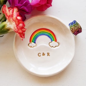 Rainbow Gay Pride Trinket Dish Wedding Friendship Ceramic With Gold Initials Couples Gift Jewelry Storage Gay Pride Home Decor Wedding Dish