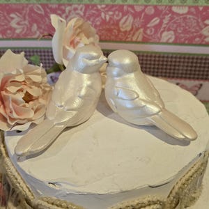 May include: Two pearlescent white bird figurines are positioned side-by-side on a white circular base. The birds have smooth, glossy surfaces and are facing each other. The base is decorated with a textured, cream-colored woven trim around the edge.