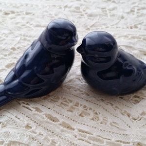 May include: Two blue ceramic bird figurines facing each other. The birds are perched on a white lace surface.
