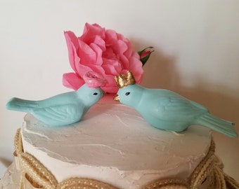 Robins Egg Blue Love Birds/Wedding Cake Topper/With Crown and Flower Glitter/Vintage Ceramic Home Decor Bird Home Decor