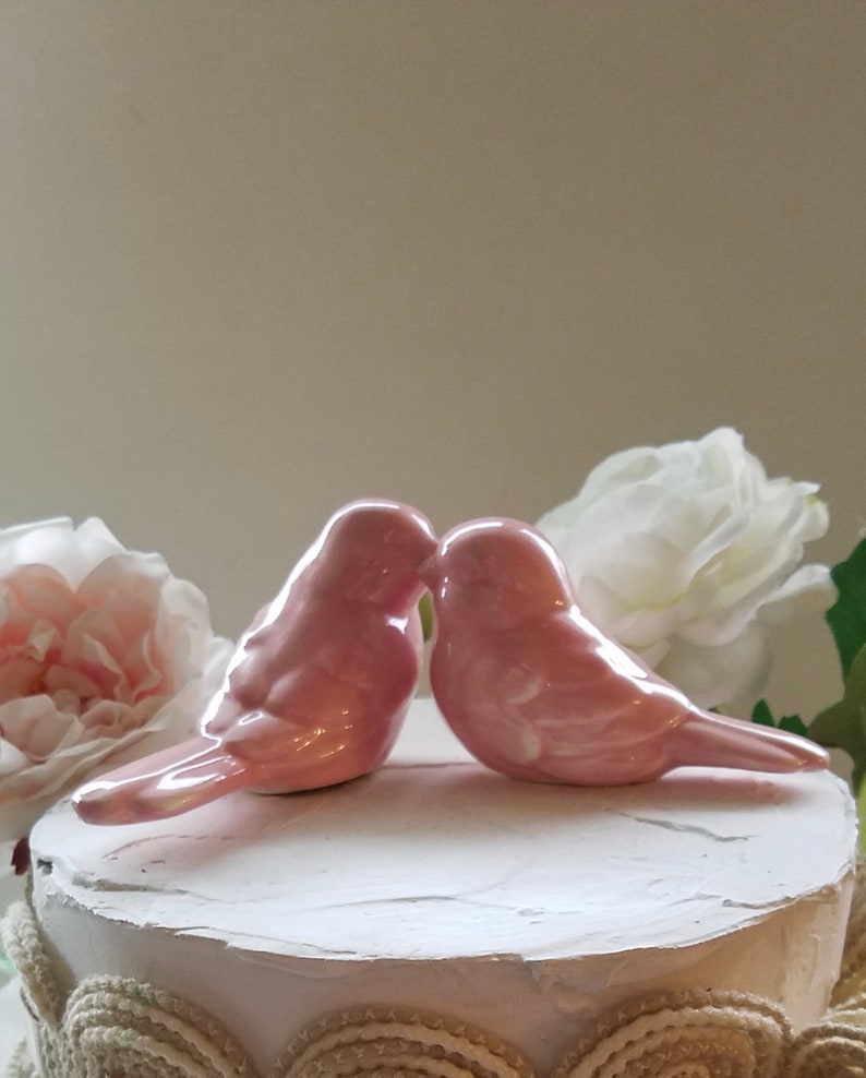 Wedding Cake Topper Pink Love Birds/Elegant Wedding Ceramic Birds/Home Decor/Wedding Favors Available with Crowns image 3