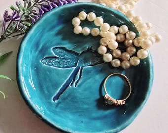Dragonfly Flying Ceramic Trinket Dish/Exact One ready To Ship/Outlander Inspired/Aqua Dish/Jewelry Storage Dish/Scottish Gift/Birthday Gift/