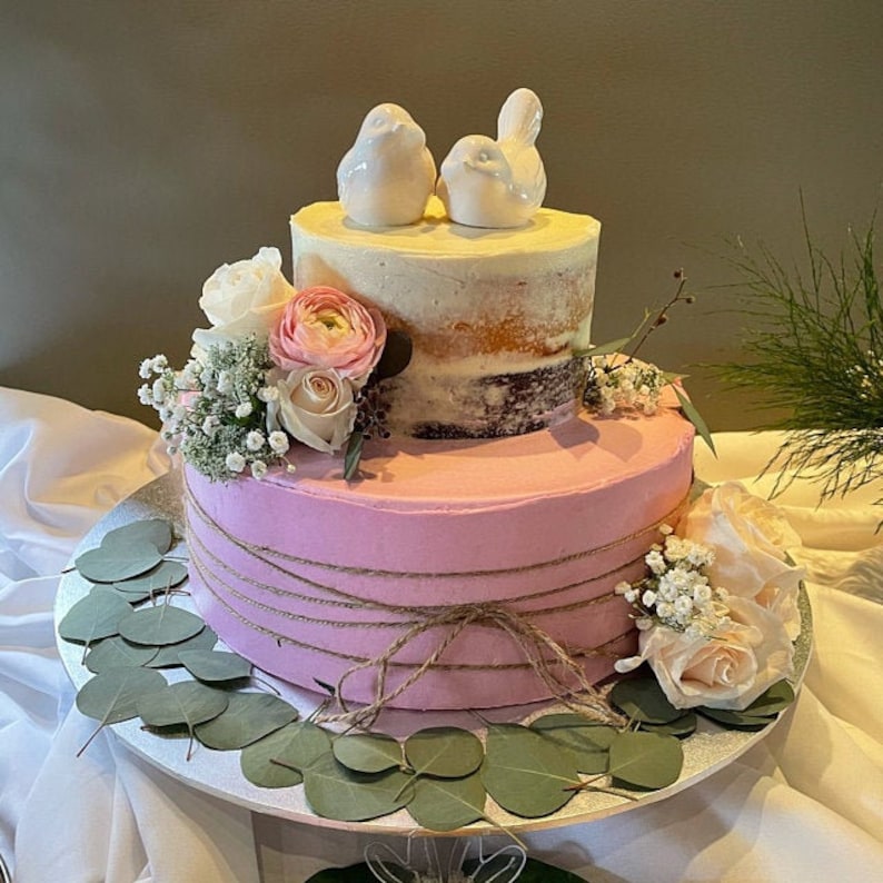 May include: A two-tiered wedding cake with a pink bottom layer and a white top layer. The cake is decorated with a rustic twine bow, fresh flowers, and two white ceramic birds on top.