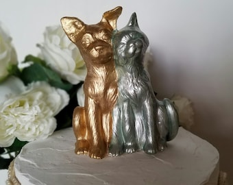 Dog and Cat Wedding Cake Topper Gold Love Animals Gold Home Decor Ceramic Vintage Animals