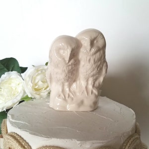 May include: A pair of white ceramic owls perched together on a white cake with a beige and white decorative trim. The owls are facing each other and have detailed features.