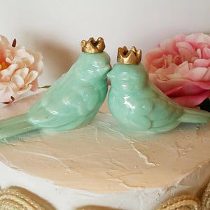 Aqua Love Birds Wedding CakeTopper Mint Green Love Birds With Crowns Wedding Cake Topper Aqua Wedding Ceramic Birds Home Decor Wedding