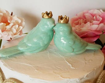 Aqua Love Birds Wedding CakeTopper Mint Green Love Birds With Crowns Wedding Cake Topper Aqua Wedding Ceramic Birds Home Decor Wedding