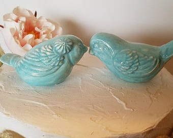 Love Birds Wedding Cake Toppers With Flower Aqua In Stock My Original Design Ceramic Home Decor Wedding Keepsake, Wedding Favor