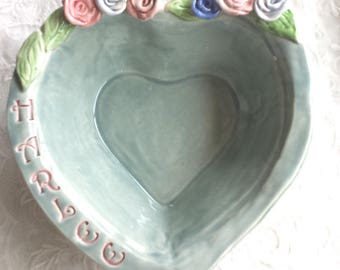 Personalized Pet Bowl Feeding Bowl 5.5"  Ceramic Celedon Color with Roses Shabby Cottage Home Decor Dog Bowl