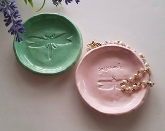 Dragonfly Ceramic Trinket Dish Outlander Dragonfly Inspired Pink Dish Sea Foam Color Jewelry Storage Birthday Gift Price is for One
