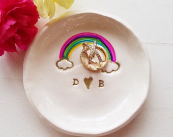 Rainbow Ceramic Dish with Heart Trinket Dish Wedding Friendship With Gold Heart Couples Gift Jewelry Storage Gay Pride Home Decor