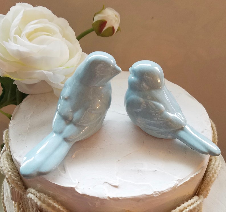 Wedding Cake Topper Dusty Blue Love Birds Elegant Ceramic Home Decor Wedding Favors Available With Crowns Returns Not Accepted image 1