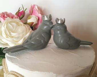 Grey Love Birds With Crowns Wedding Cake Topper Grey Wedding Ceramic Birds Home Decor Wedding Favors Keepsake