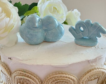 Dusty Blue Bird Wedding Cake Topper/ Love Birds Hugging/ Ceramic In stock ready to Glaze/ Wedding Cake Topper? Love Add on Topper