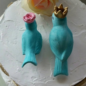 Blue Aqua Love Birds With Flower and Crown/Wedding Cake Topper Birds/Crown and Flower Vintage Design/Ceramic Home Decor Bird Home Decor