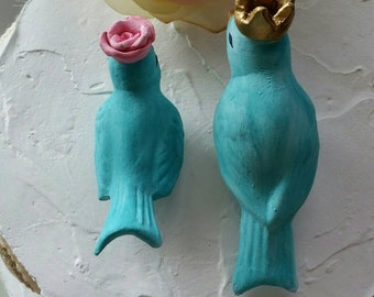 Blue Aqua Love Birds With Flower and Crown/Wedding Cake Topper Birds/Crown and Flower Vintage Design/Ceramic Home Decor Bird Home Decor