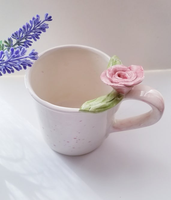 Coffee Cup Mug Mothers day Gift with Rose Hand Built Rose and Leaves Latte Mug Wonderful Gift For A Pink Lover Your Colors Available Too