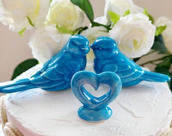 Bright Sky Blue Love Birds With Heart /Wedding Cake Topper/ Wedding Cake Ceramic Bird /Bird Home Decor/ Wedding Favors Wedding Keepsake