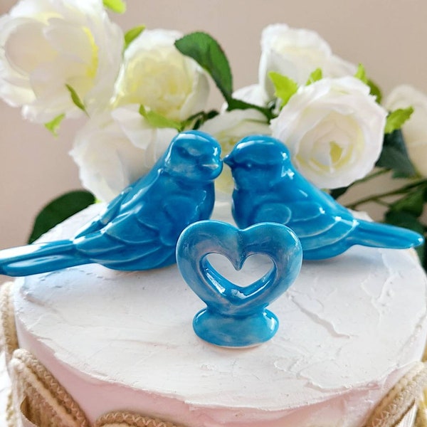 Bright Sky Blue Love Birds With Heart /Wedding Cake Topper/ Wedding Cake Ceramic Bird /Bird Home Decor/ Wedding Favors Wedding Keepsake