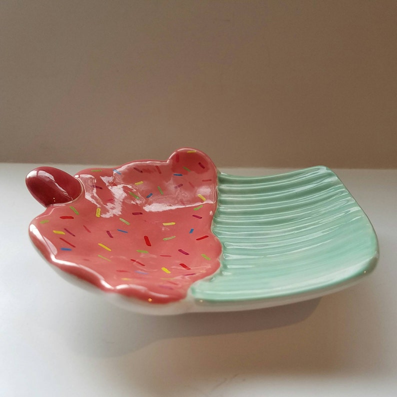 Cupcake Plate Pink Sandwich Spoon Rest Soap Dish With Speckles Children's Party Plate Trendy Pink and Green Home Decor image 2