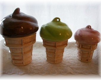 Canister Ice Cream Cone Jars/Set of 3 Cookie Jar Vintage Design/Pastels Or Your Colors Housewarming Gift Bakery Ice CreamShop Kitchen Decor