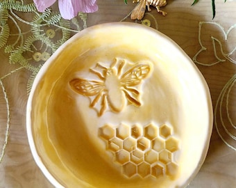 Trinket Dish/Bee Designs/Honeycomb Design/Meant To Bee/Ceramic Dish/Jewelry Dish/In Stock Ready To Ship