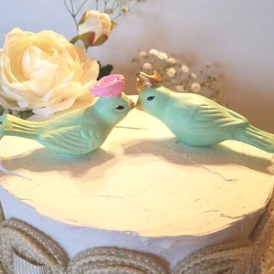 Mint Love Birds/Wedding Cake Topper/Birds With Crown and Pink Flower/Vintage Design Wedding/Ceramic Home Decor/Bird Home Decor