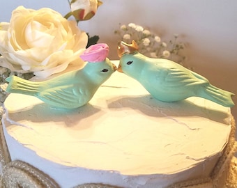 Mint Love Birds/Wedding Cake Topper/Birds With Crown and Pink Flower/Vintage Design Wedding/Ceramic Home Decor/Bird Home Decor