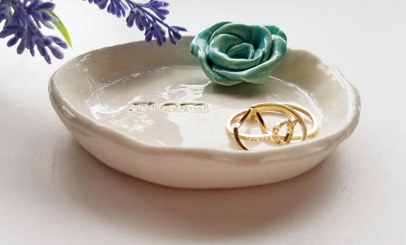 Mothers Day Gift Ceramic Dish/Trinket Dish Jewelry Dish/ Gift In Stock/With Handmade Rose Available In Your Colors image 4