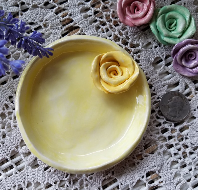 Mothers Day Gift Ceramic Dish/Trinket Dish Jewelry Dish/ Gift In Stock/With Handmade Rose Available In Your Colors image 7