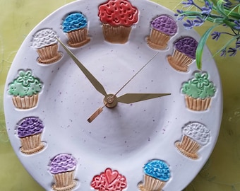 Wall Clock /Cupcake Design/ Inspirational/Bakery Dessert Decor/ Ceramic/ Kitchen Decor/8" Shown