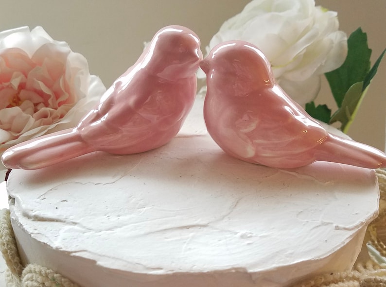 Wedding Cake Topper Pink Love Birds/Elegant Wedding Ceramic Birds/Home Decor/Wedding Favors Available with Crowns image 1