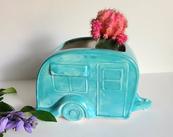 Christmas Gift Father/Camper Trailer Planter/Aqua Planter/ Ceramic/Vintage Design/ Gift Vacation Gift Exact One In Stock Ready To Ship