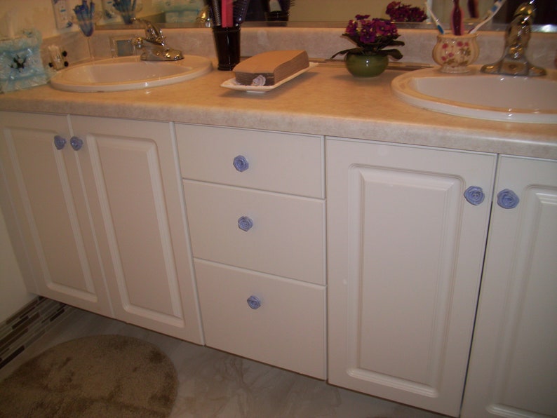May include: White bathroom vanity with two sinks and three drawers. The drawers have blue rose-shaped knobs. The vanity has a white countertop and a tiled backsplash.