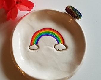 Trinket Dish Rainbow Wedding Dish White Ceramic With Clouds Gloss Finish Jewelry Storage Gay Pride Home Decor Wedding Dish Ready to Ship