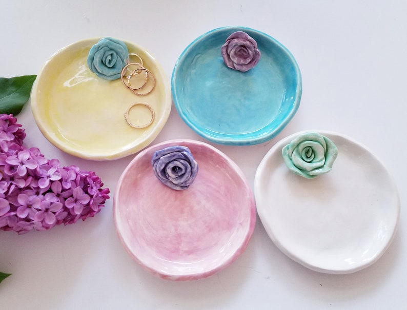 Mothers Day Gift Ceramic Dish/Trinket Dish Jewelry Dish/ Gift In Stock/With Handmade Rose Available In Your Colors image 6