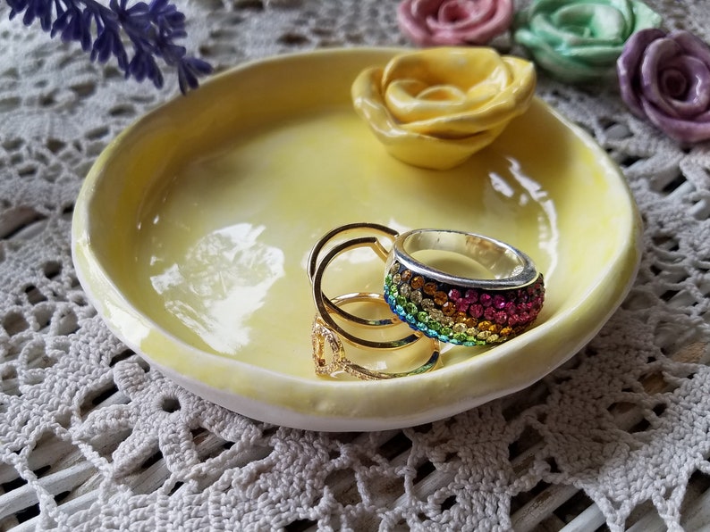 Mothers Day Gift Ceramic Dish/Trinket Dish Jewelry Dish/ Gift In Stock/With Handmade Rose Available In Your Colors image 8