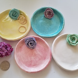 Mothers Day Gift Ceramic Dish/Trinket Dish Jewelry Dish/ Gift In Stock/With Handmade Rose Available In Your Colors image 1