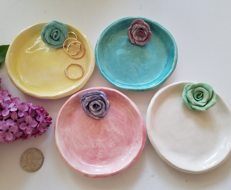 Mothers Day Gift Ceramic Dish/Trinket Dish Jewelry Dish/ Gift In Stock/With Handmade Rose Available In Your Colors image 1