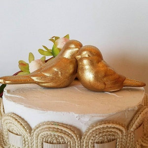 Wedding Cake Topper Glitter and Gold Love Birds Gold Glitter Birds Home Decor Ceramic Vintage Love Bird Design image 1