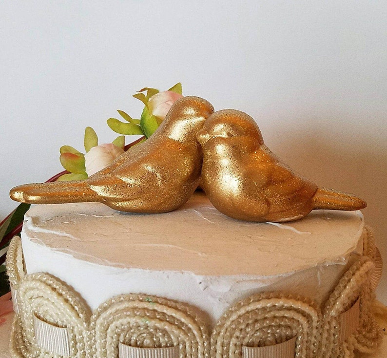 Wedding Cake Topper Glitter and Gold Love Birds Gold Glitter Birds Home Decor Ceramic Vintage Love Bird Design image 1