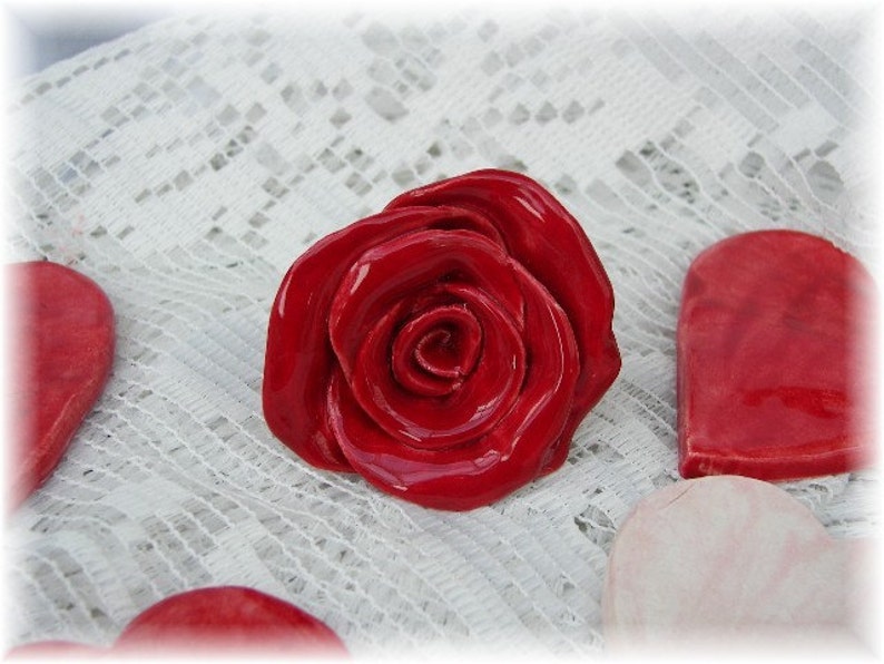 Rose Knobs Hardware Nursery Hardware Kitchen Hardware Bright Red Home Decor Set of Four Drawer Pulls Handmade No lead in Glazes image 2