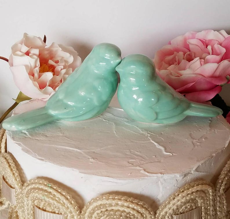 Aqua mint Love Birds Wedding Cake Topper Wedding Ceramic Birds Home Decor Wedding Favors image 1