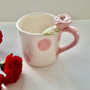 Mug Valentines Day Gift Exact One In Stock Coffee Cup Mothers Day with Rose Hand Built and Leaves Gift For A Pink Lover Ready to ship