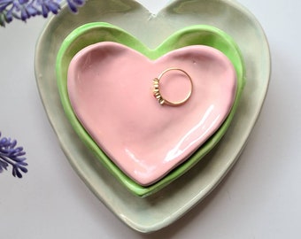 Ceramic Heart Shaped/ Soft Green Valentine Hearts/Green and pink Gift Set/ Handmade Three Nesting Dishes Jewelry Dish Tea Holder Gift Set